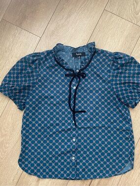 Lipslide Dark Teal Patterned Short-Sleeve Tie-Neck Blouse